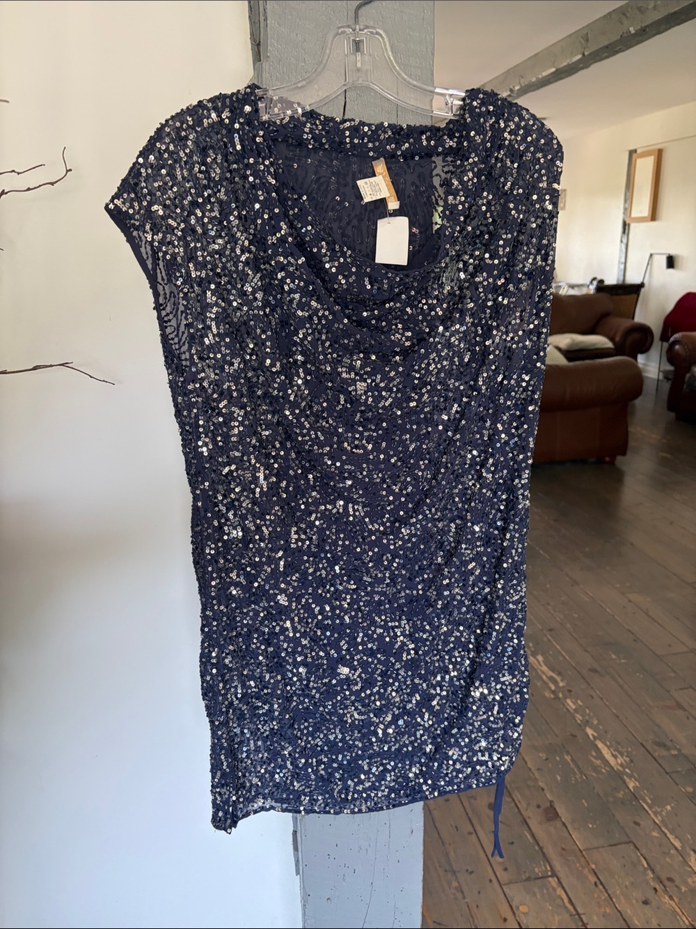 Navy Sequin Cocktail Dress with Cowl Neck BY GOLD HAWK